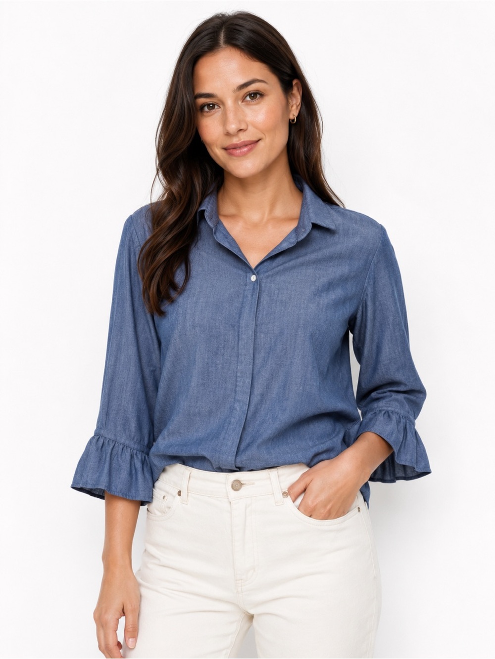 Gretchen Scott L Classic Ruffle Sleeve Button-Up Chambray Shirt Southern Cottage